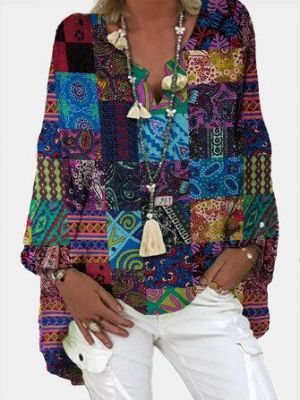 Frauen Tribal Print Farbblock V-Ausschnitt Ethnische Stil Blusen